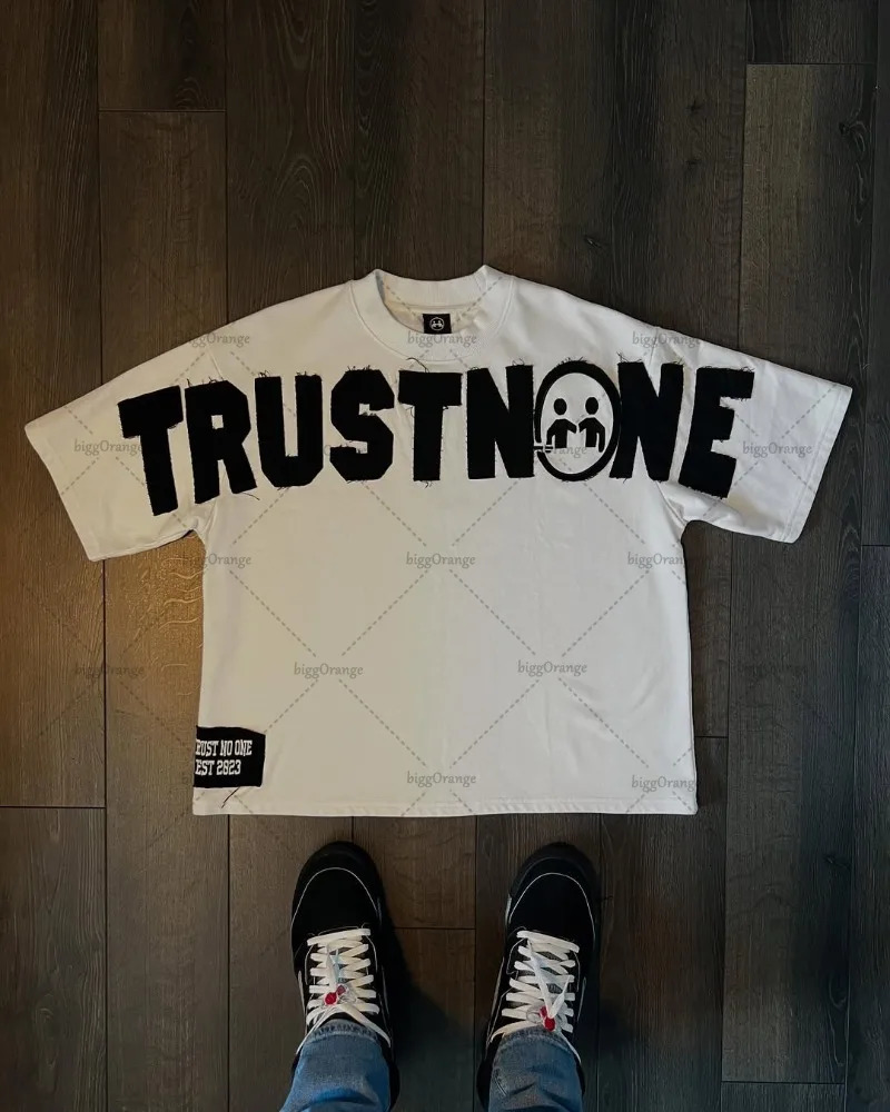 Trendy Casual Loose Letter T-shirt Men Street Hip-hop Fashion Cotton Retro Y2K Harajuku Oversized Top 250815