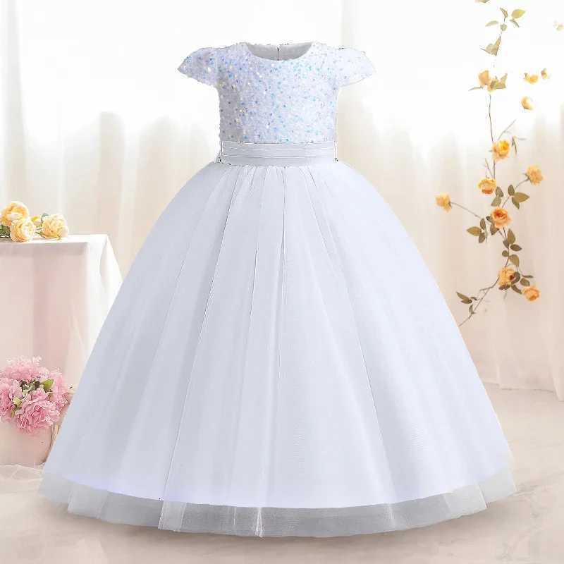 White Short Sleeve Elegant Girls Party Dresses for Weddings Sequin Luxury Princess Dress Junior Bridesmaid Ceremony Prom Gown Z250904