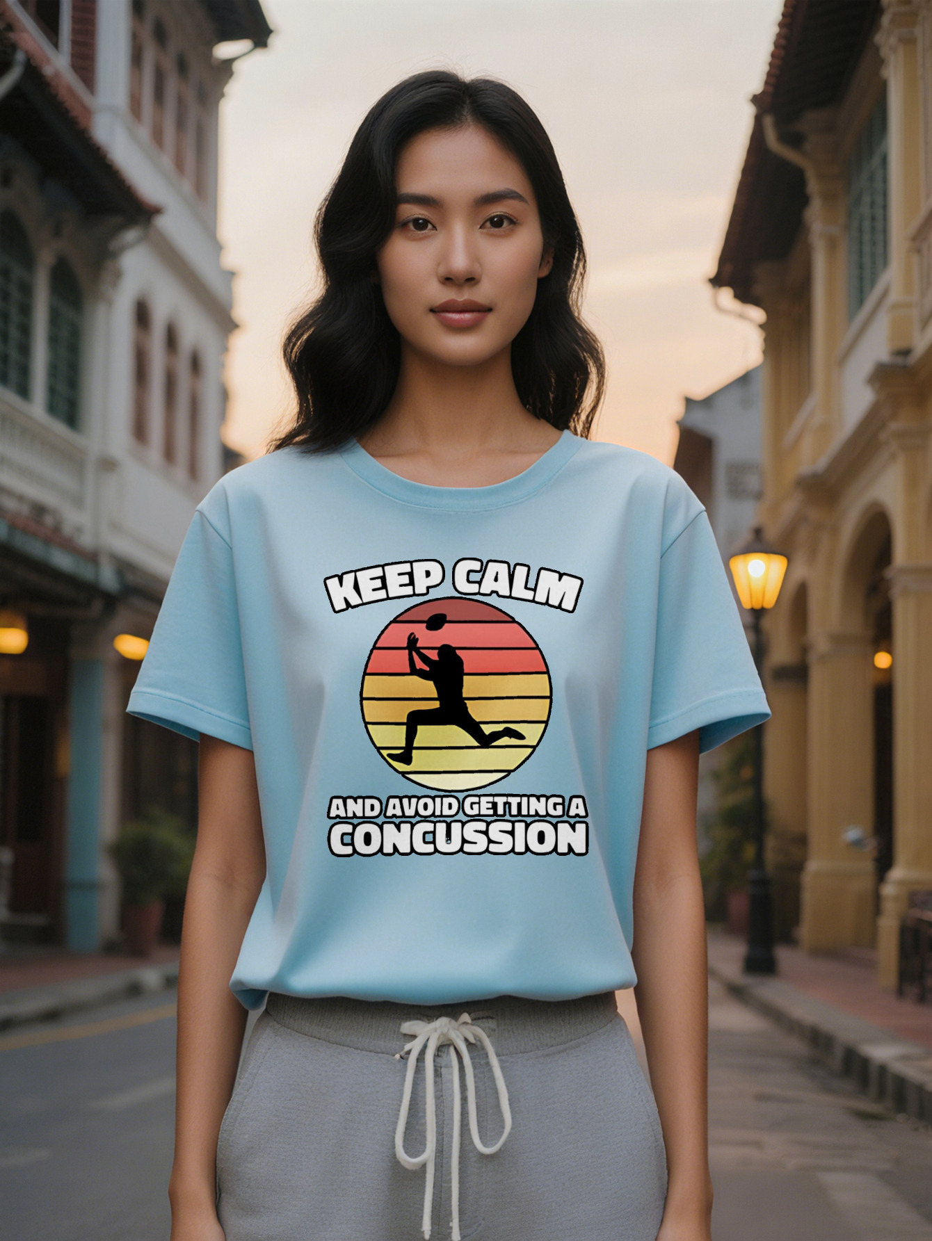 Large XL Lady Casual Crew Neck T-Shirt Keep Calm Avoid Concussion Graphic Print Black with Vibrant Color Block Breathable Plus Size
