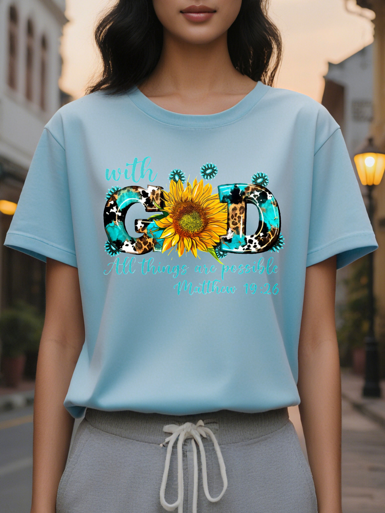 Women s Inspirational God All Things Possible Matthew T-Shirt Black Soft Stretch Casual Summer Tee with Sweat