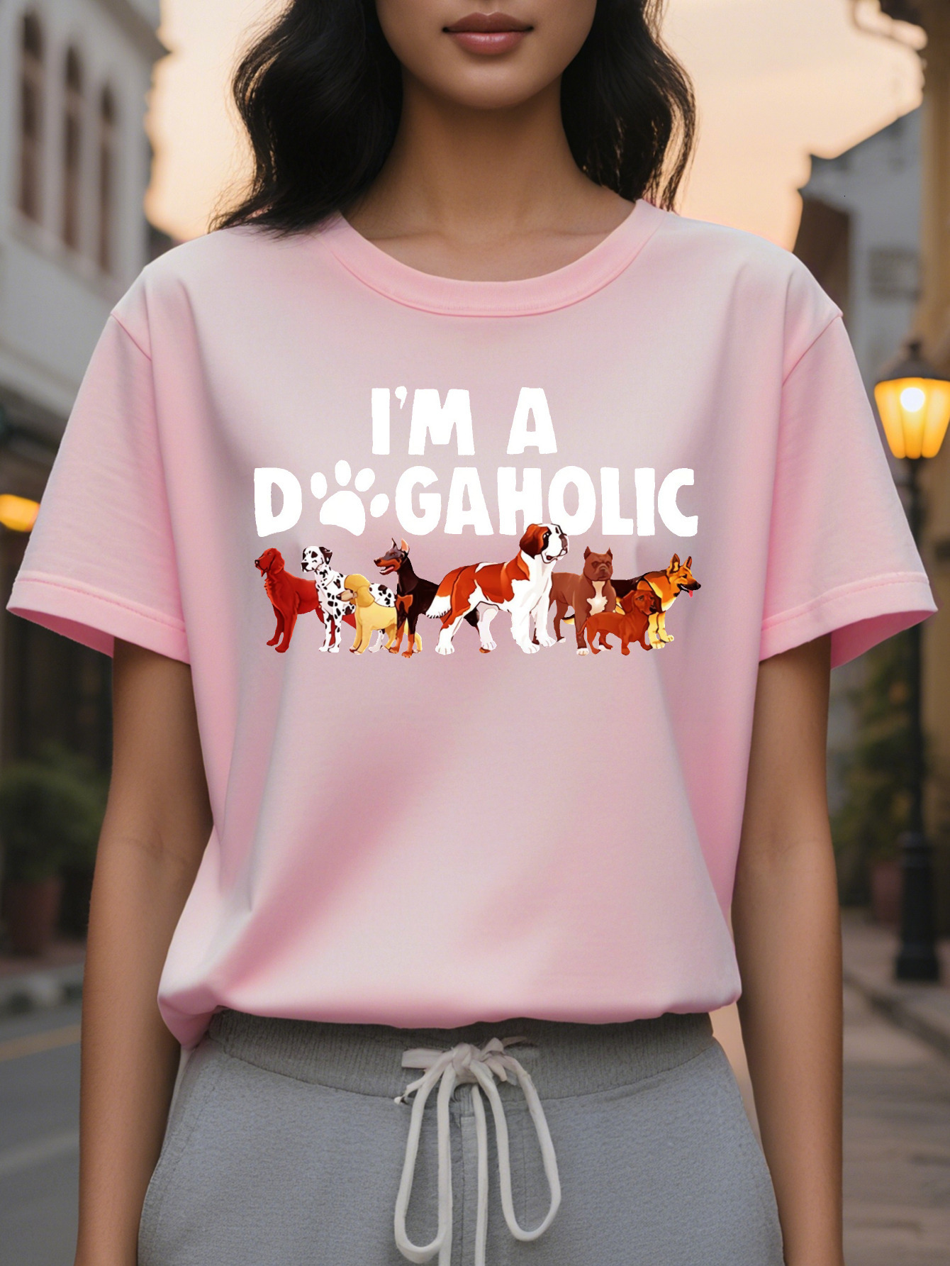 Short Sleeve Print Crew Neck I M A DOGAHOLIC T-Shirt Casual Women's Clothing for Spring Summer