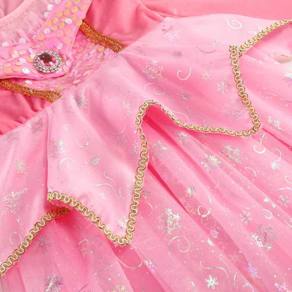 Sleeping BeauTY Aurora Pink Long Sleeves Princess Dress CHIldren Cosplay Sequin Mesh Gown Girls Carnival Birthday Costume Z250904
