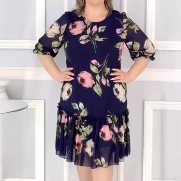 M831New European and American plus size five-quarter sleeve chiffon dress