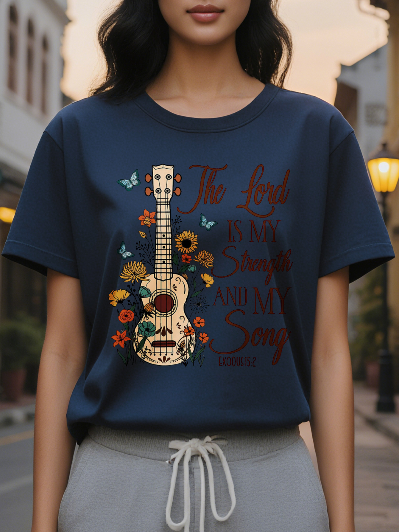 The Lord is Strength My Song Pattern T-Shirt White Short Sleeve Round Neck Top with Spring and Summer Design