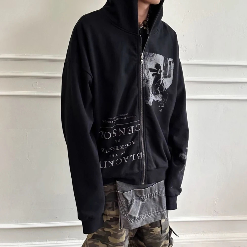 Y2K Gothic Clothing High Street Cotton Punk Zipper Hoodie Autumn And Winter Plus Velvet Oversized Hip Hop Mens Sweatshirt 250904
