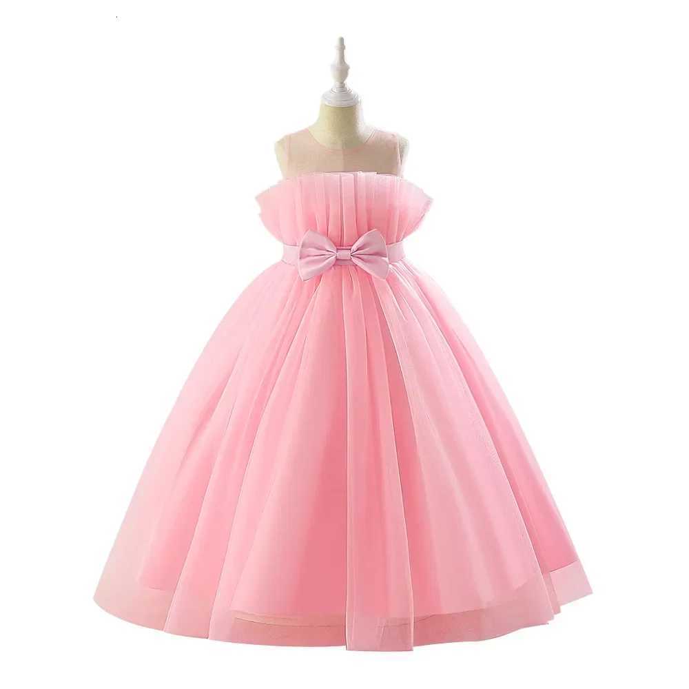 Summer Tulle Pink Party Dresses for Girls Elegant Bow Bridesmaids Princess Wedding Girls Dress First Communion Wedding Prom Gown Z250904