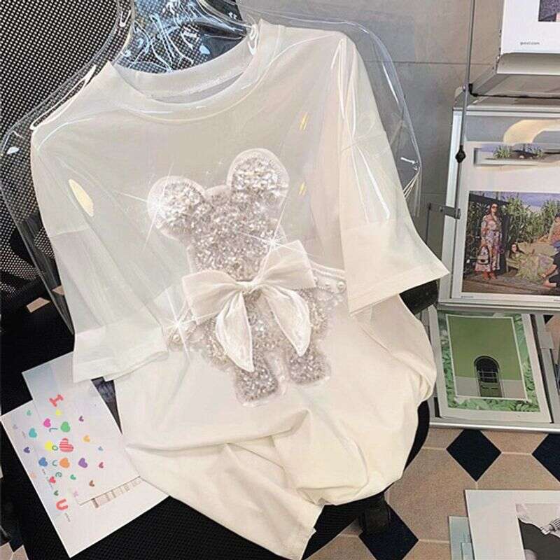 Women's Clothing Goods Three Dimensional Dia Sequin Embroidery Cartoon Short Sleeved T Shirt For Women Summer Loose Fashion Age Reducing Tops