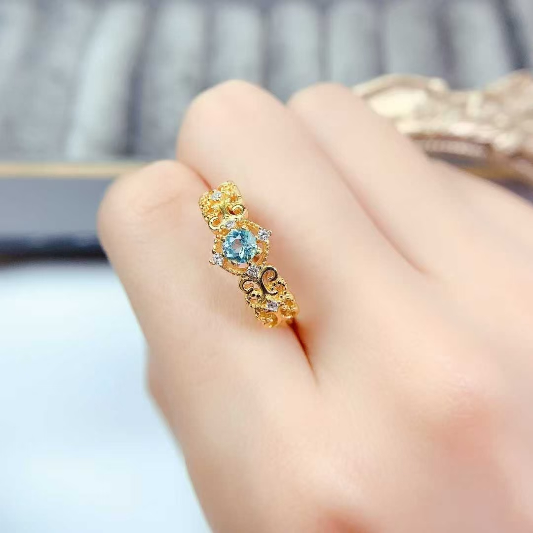 Sterling silver ring jewelry natural topaz ring 4mm VVS grade 925 silver ring with 3 layers 18K gold plating