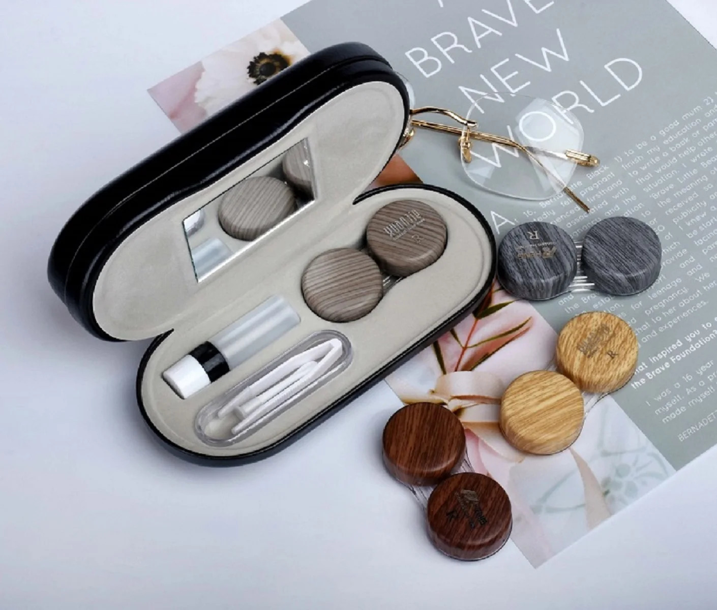 Pressureresistant dualpurpose doublelayer contact lens case woodgrain contact lens case fashion frame glasses case 250904