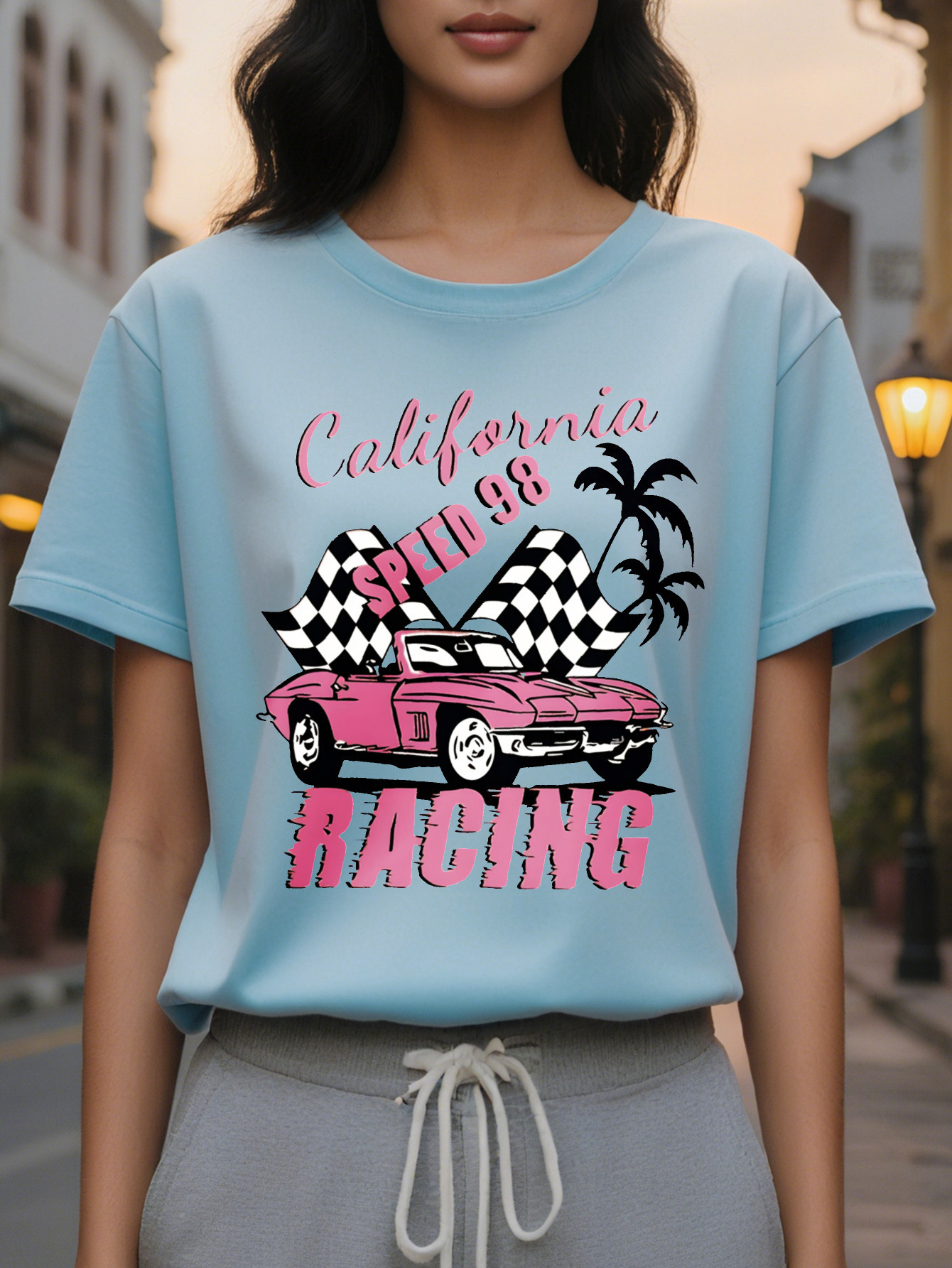 Large XL Women S Speed Graphic T-Shirt Crew Neck Short Sleeve Top with Palm Tree Design Pink Lightweight Summer Tee for Plus Size