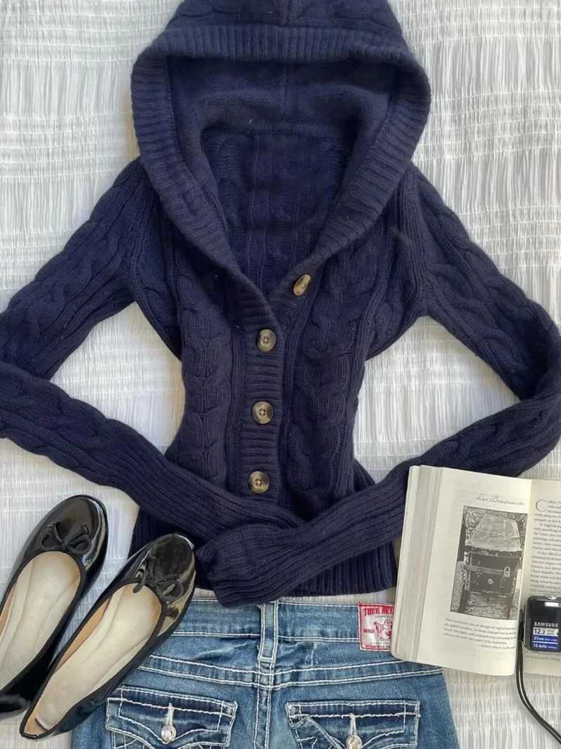 Fashion Vintage American Solid Knitted American Cardigan Harajuku All Match Punk Jumpers Y2k Aesthetic Spring Autumn Clothes S250904