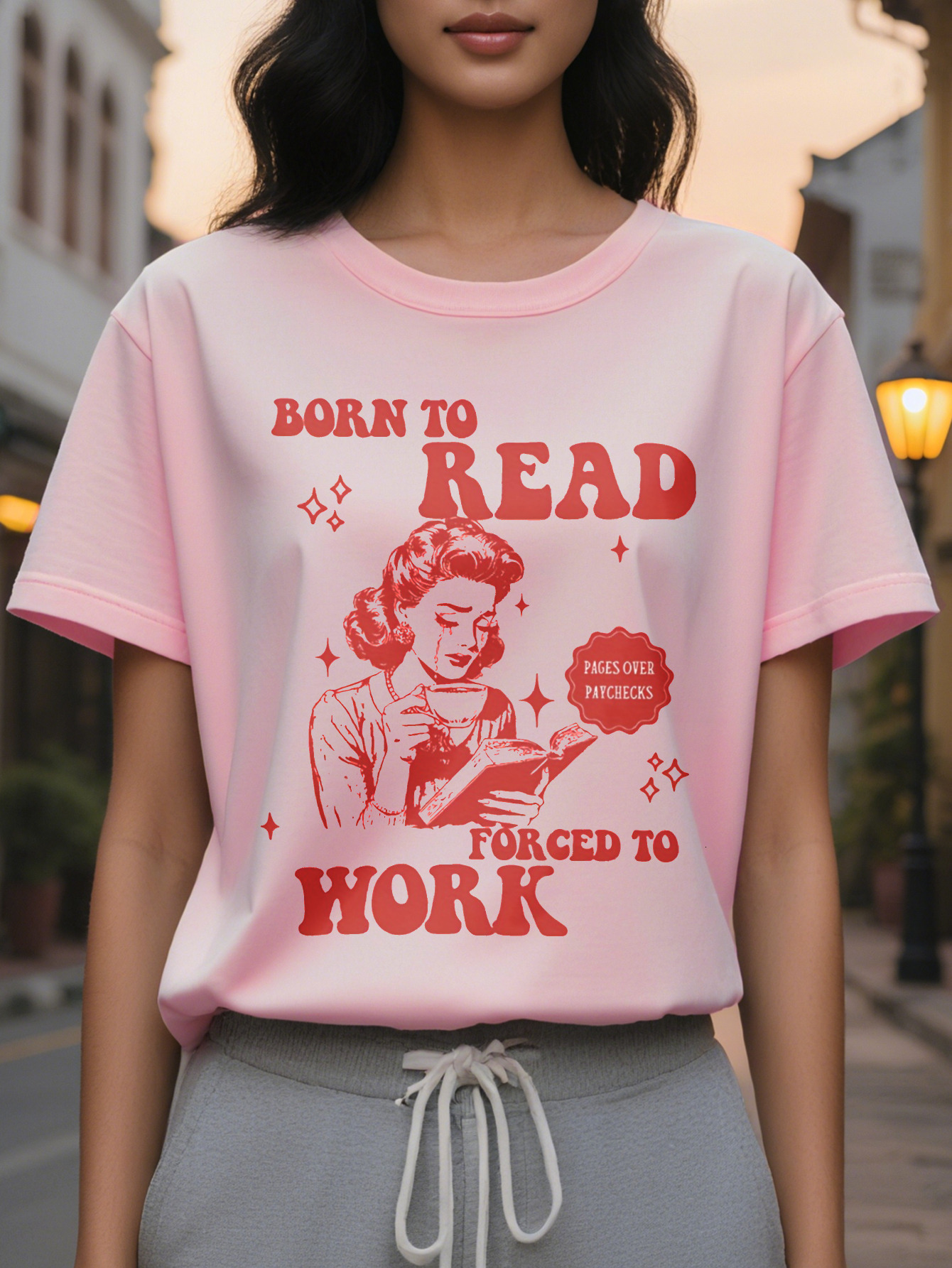 Women's Pattern T-Shirt Born Read Retro Design Forced to Work Humor White Casual Short Sleeve Round Neck Jacket