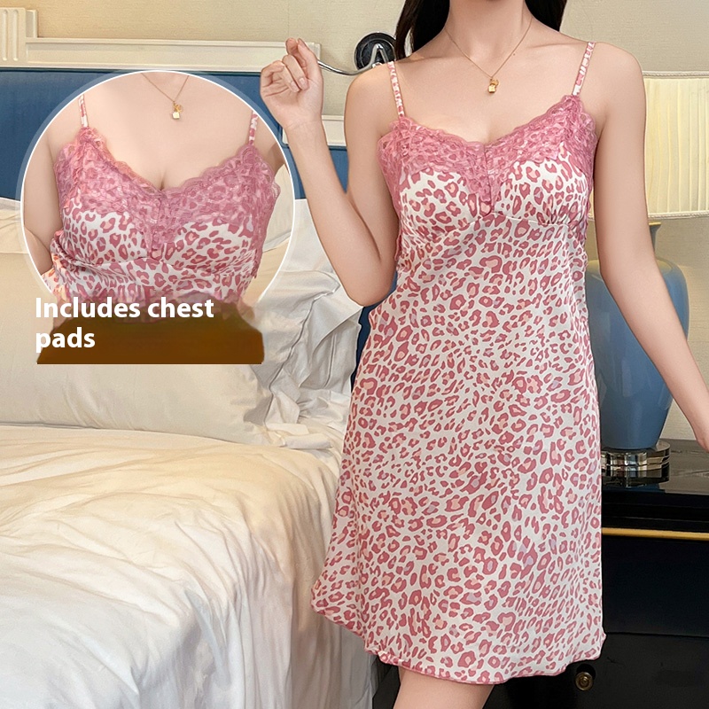 Women Satin Leopard Print Nightgown Lace Trim Spaghetti Strap Sleep Dress with Built-in Padded Bra Sexy Comfortable Loungewear