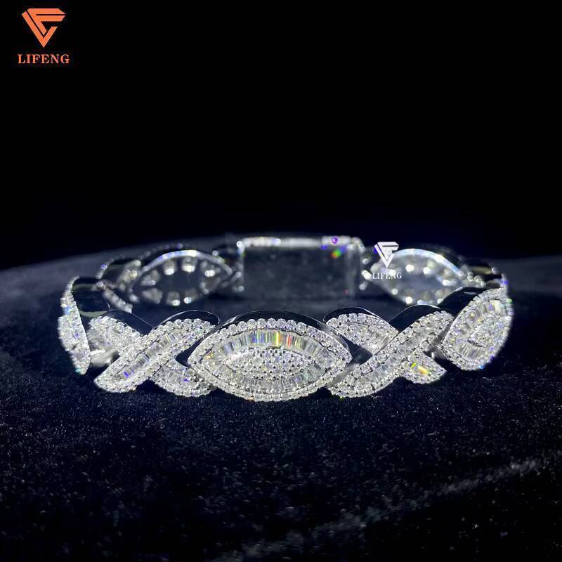 Hip Hop Fine Chain Link Bracelets 925 Silver Custom Eyes Design Infinity Bracelet Baguette Moissanite Diamond Charm Bracelet