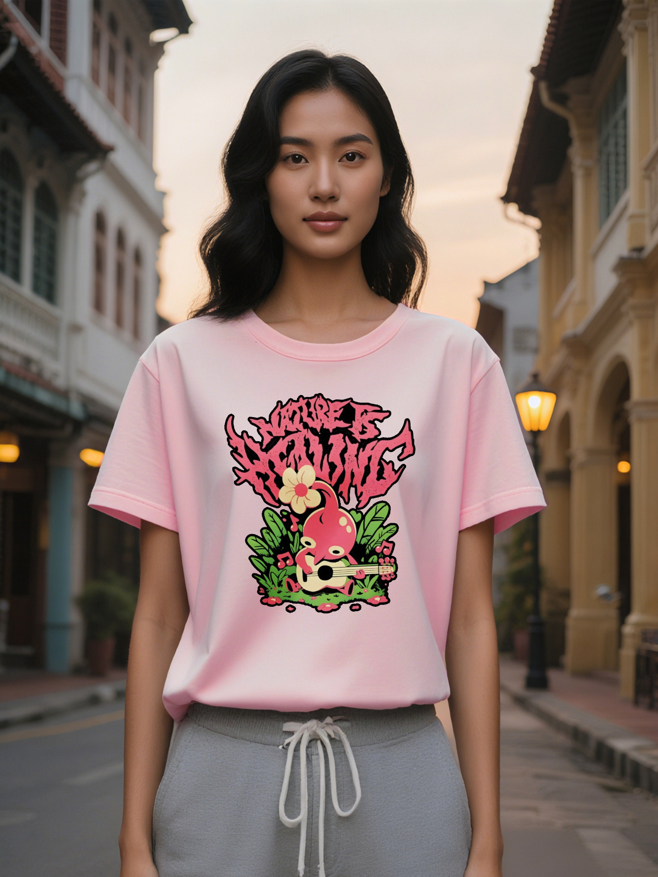 Lady Graphic Tee Neck Short Sleeve Black Gothic Inspired Design with Pink Green Artwork Perfect for or Attire