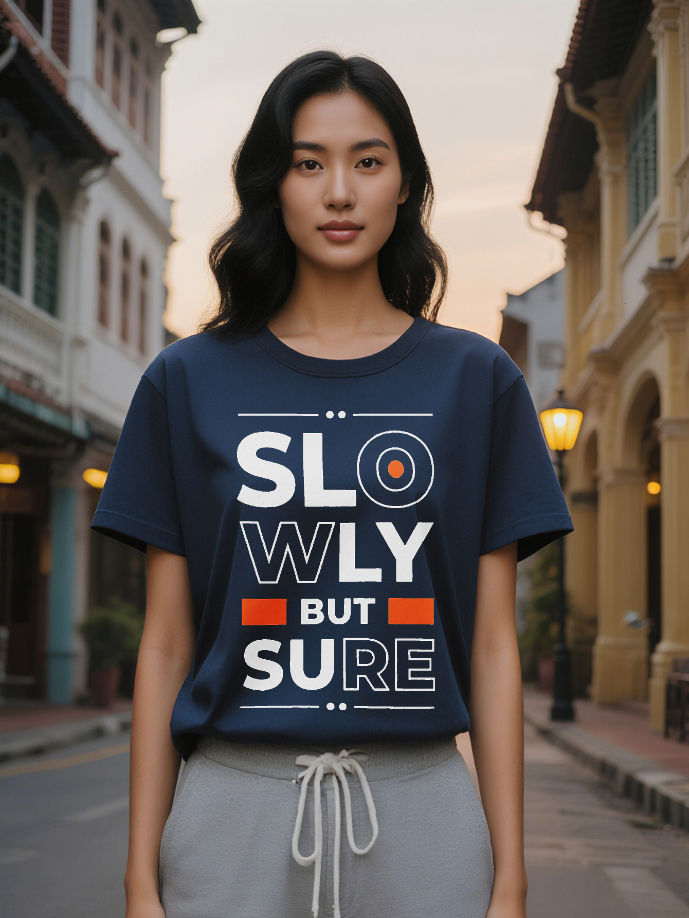 Large XL Lady Graphic T-Shirt Slowly But Sure Bold Letter Print with Red Circle Design Black Round Neck Summer Tee Regular Plus Size