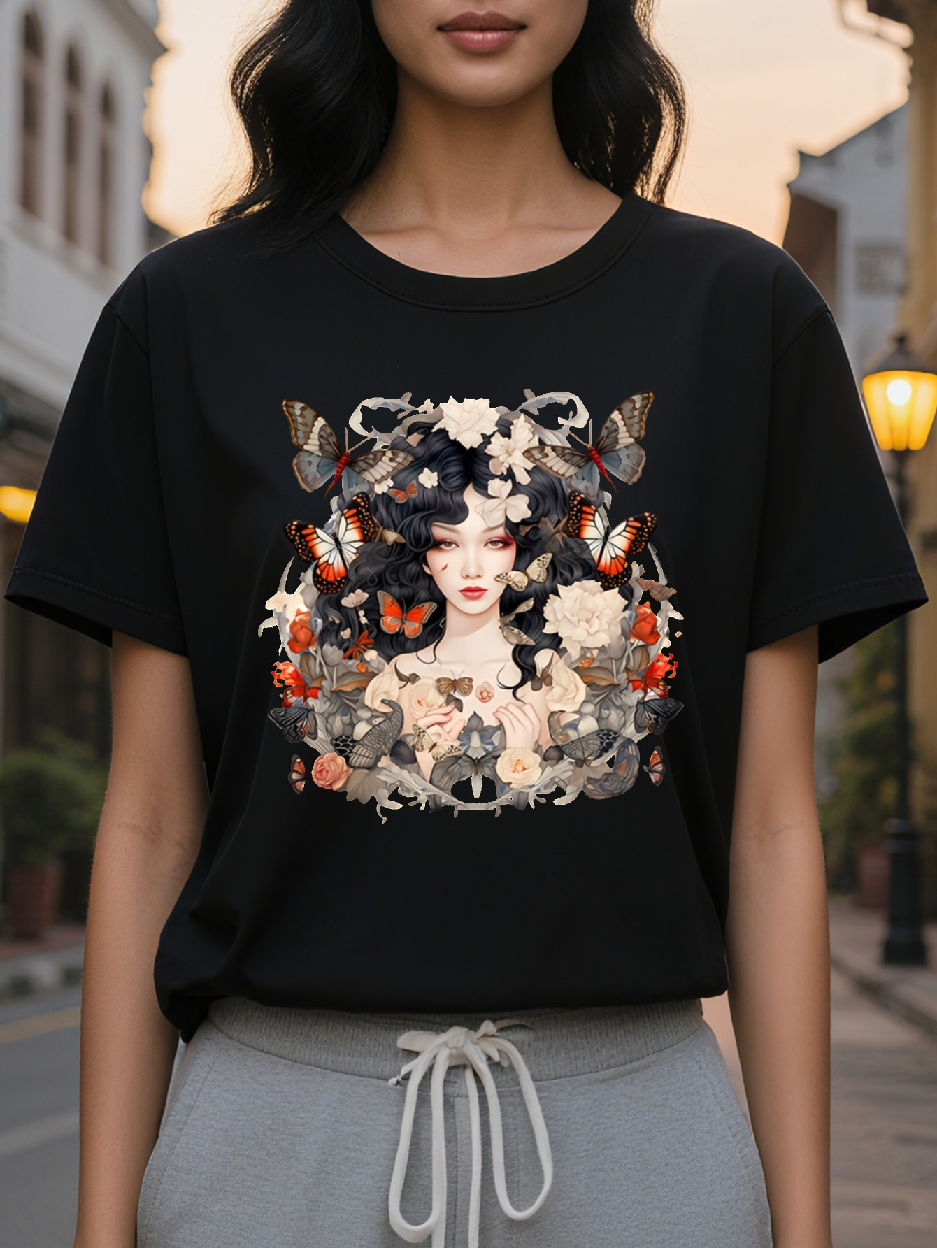 Ladies Butterfly Floral Print T-Shirt Lightweight Square Meters Cotton Fiber Round Neck Short Sleeve Top
