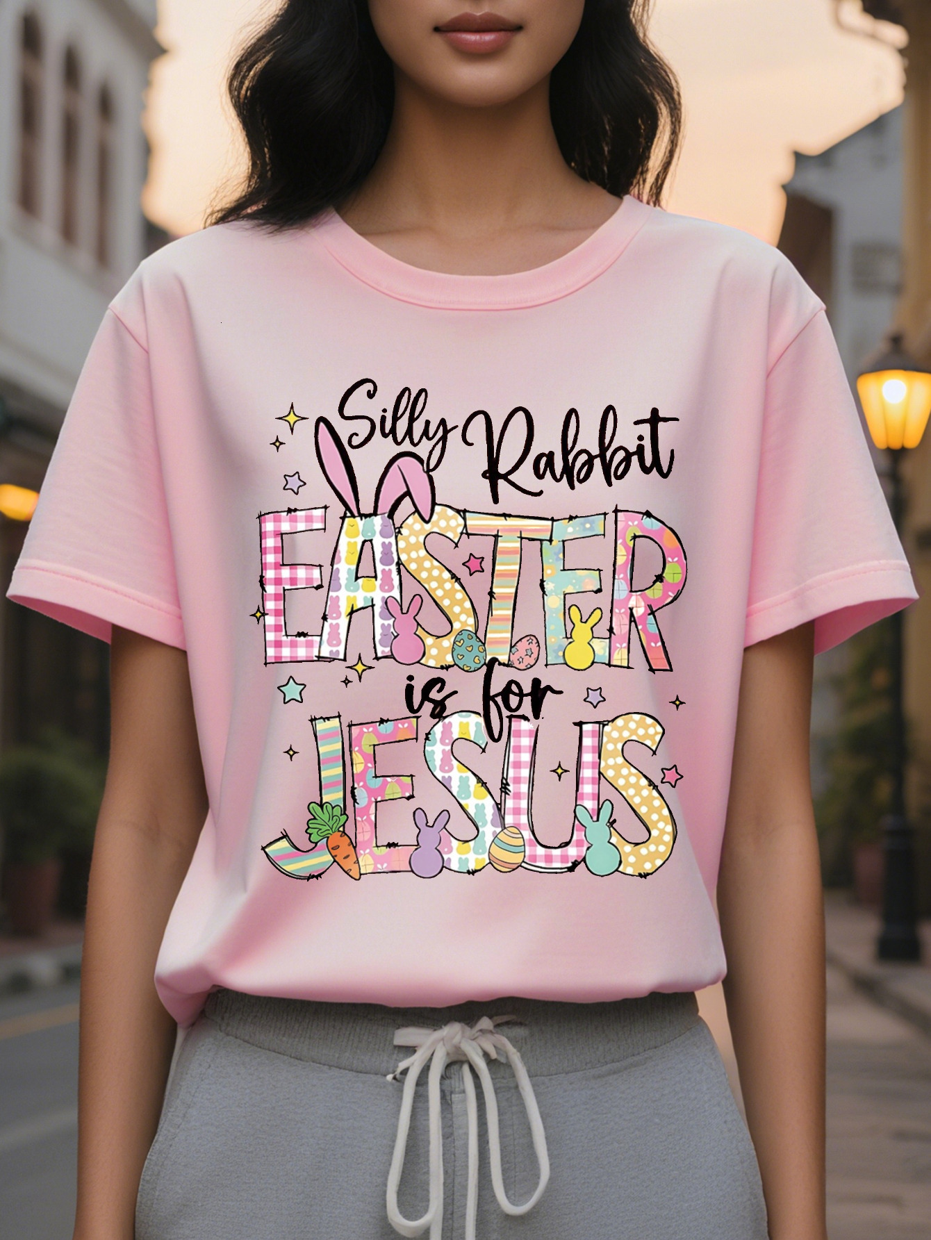 Large XL Silly Is Jesus Happy Easter Bunny Christian Graphic Print Fashion Casual Short Sleeve Spring Summer Fit Crew Plus Size