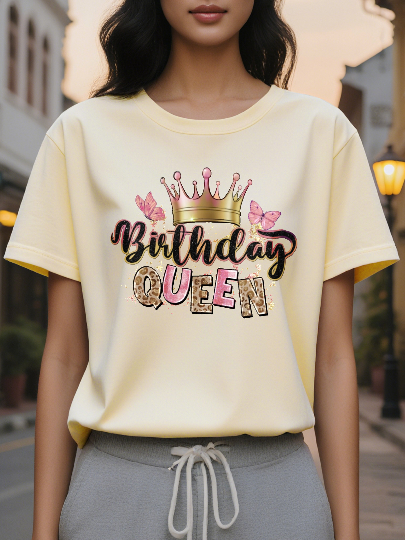 Birthday Queen Printed T-shirt Casual Round Neck Short Sleeve Top Women's Clothing