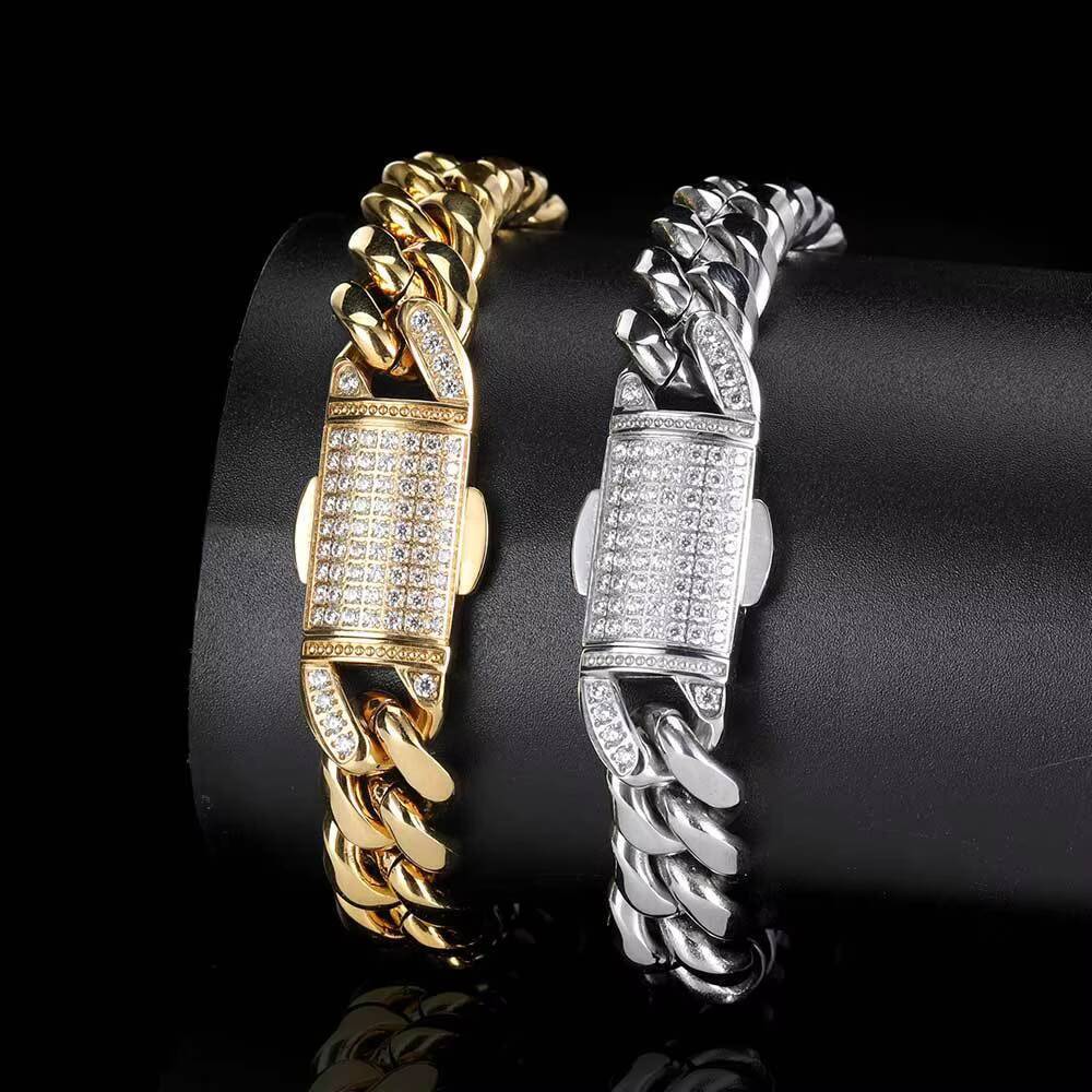 Fashion Hip Hop Jewelry 12Mm MicroInset Moissanite Spring Snap Stainless Steel Cuban Chain Chunky Gold Plated Necklace for Men