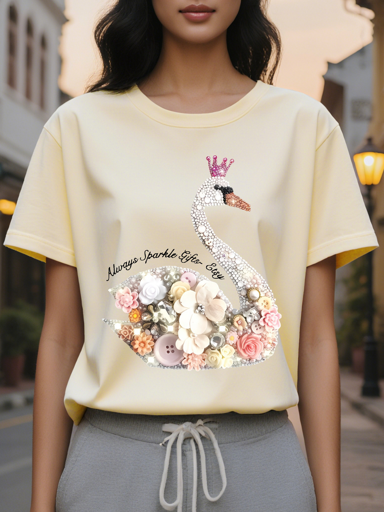 Women S White T Shirt with Sparkling Swans Floral Print Short Sleeve Round Neck Casual Top Soft Cotton