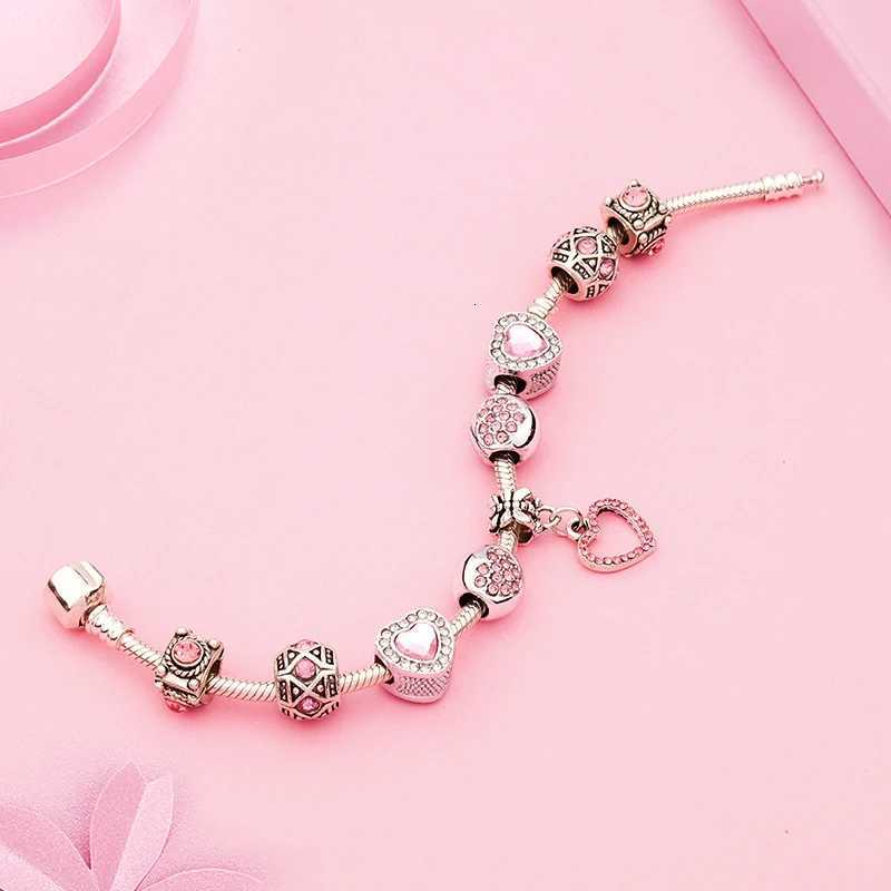 New Valentines Romantic Pink Heart Charm Bracelet Bangle Fine Crystal Diy Bead Bracelet Jewelry for Women Girl Gift W250904