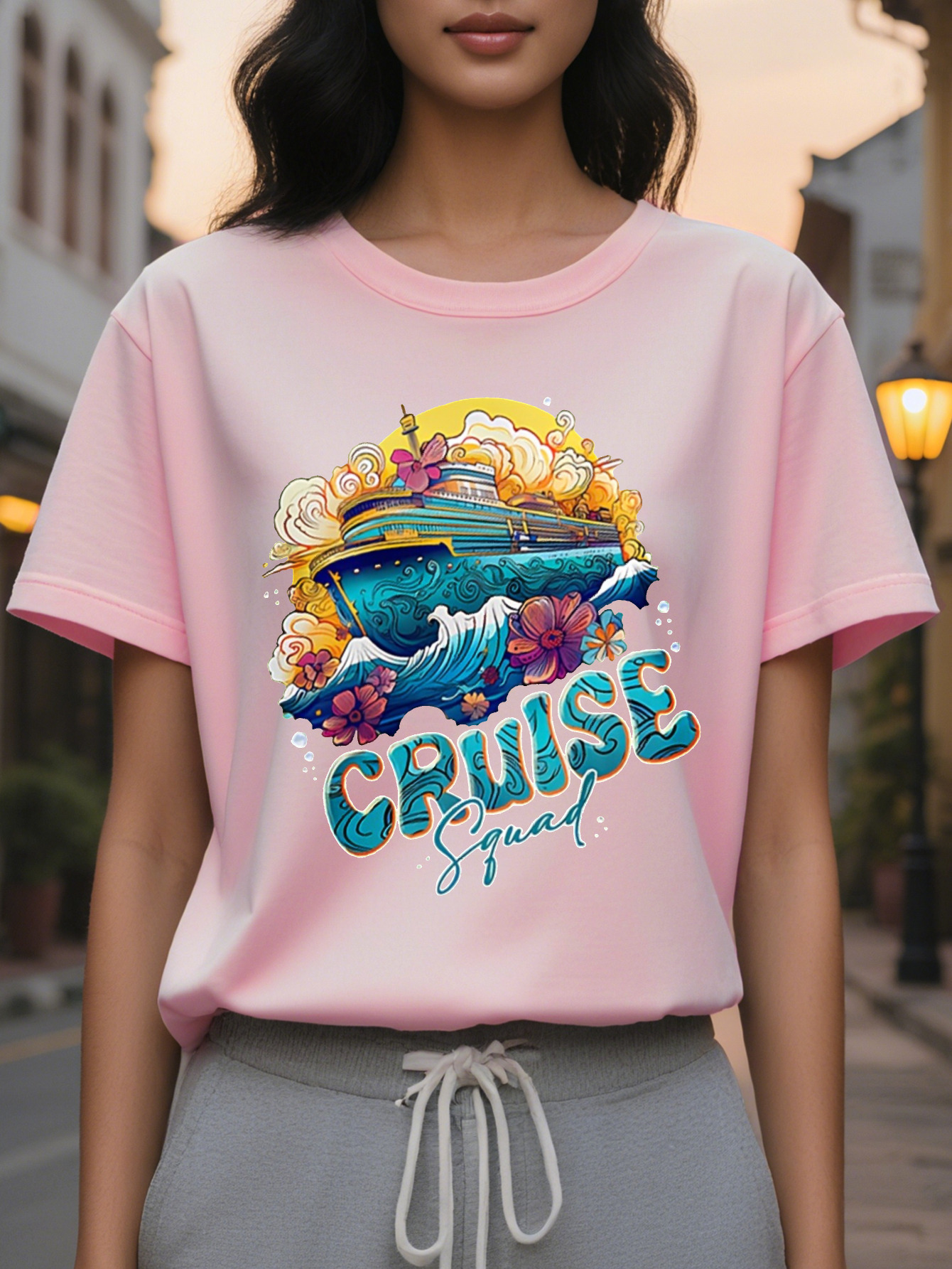 Women's CRUISE pattern printed T-shirt with nautical whale wave design, cotton fiber, light square meters, loose version