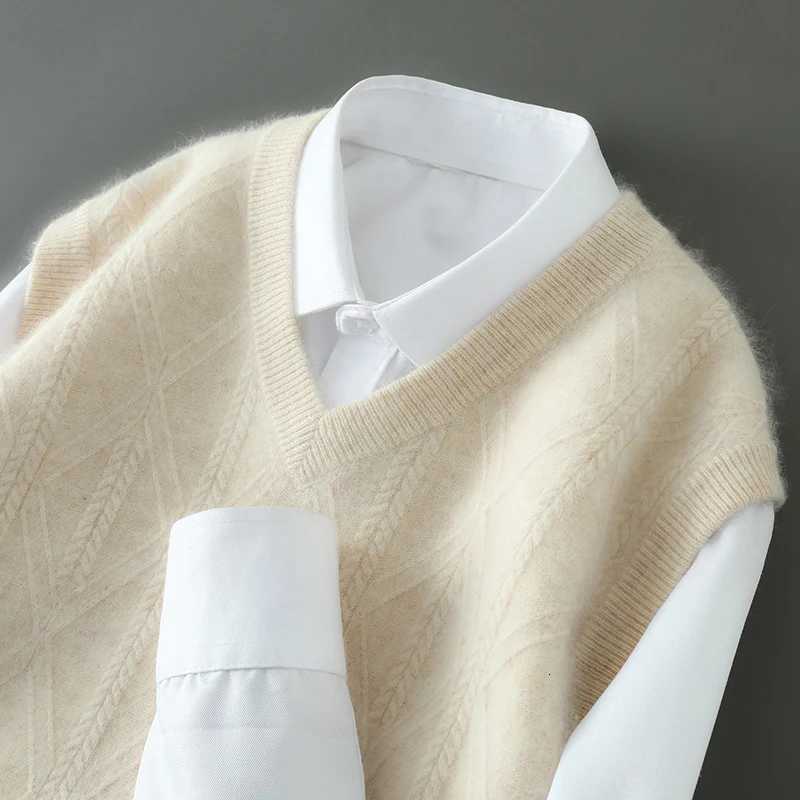 New Arrival Spring and Autumn Pure Mink Cashmere Sweater Mens Vneck Knitted Sleeveless Head Vest with Warm Tank Top Size S3XLXJ250904