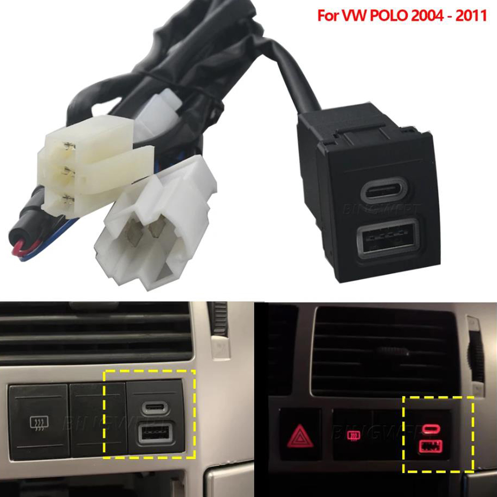 1Pcs For VW Volkswagen Polo 9n polo 9n3 2004-2011 Car Phone Charger Socket Double QC3.0 Type C PD USB Charging Power Adapter