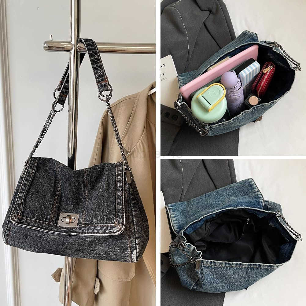 Denim Shoulder Bag for Women Jean Tote Bag Adjustable Chain Strap Crossbody Bags Y2k Trendy Hobo Purse Handbag M250904