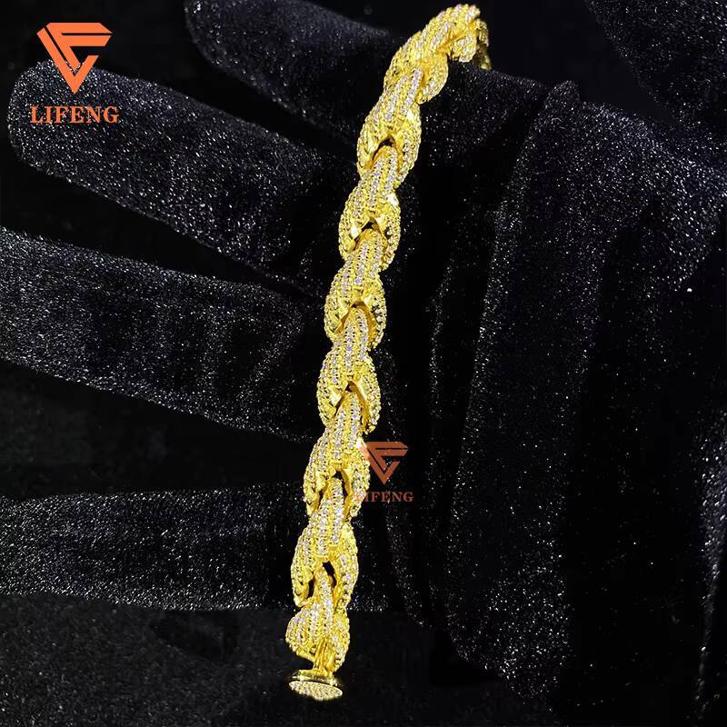 8mm Gold Plated 925 Sterling Silver Rope Chain Bracelet Custom Hip Hop Moissanite Diamond Fine Jewelry Rope Bracelet for Women