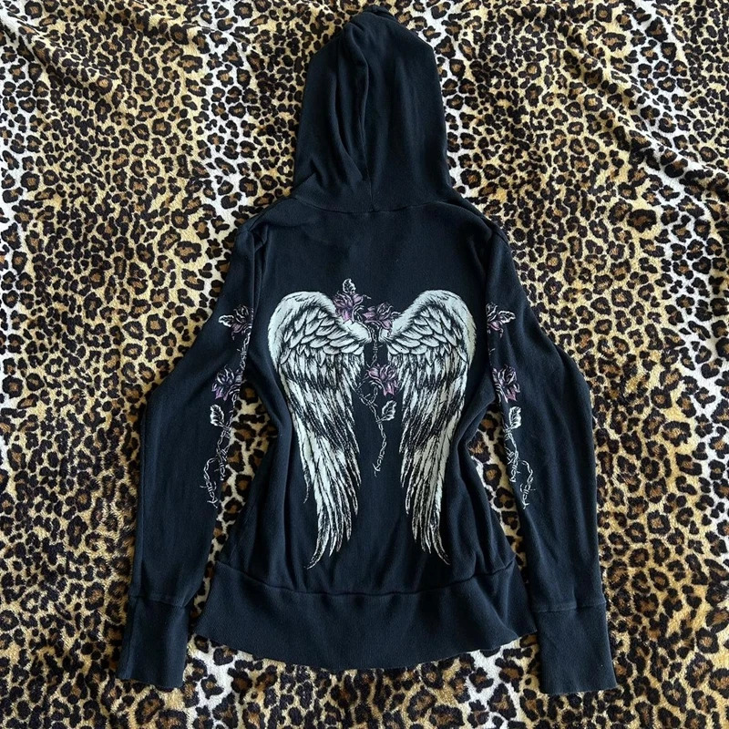 Y2k Grunge Zip Up Sweatshirt Flower Wings Print Slim Fit Hoodies Egirl Gothic Cool Street Outwear 00s Aesthetic Vintage Jacket 250904