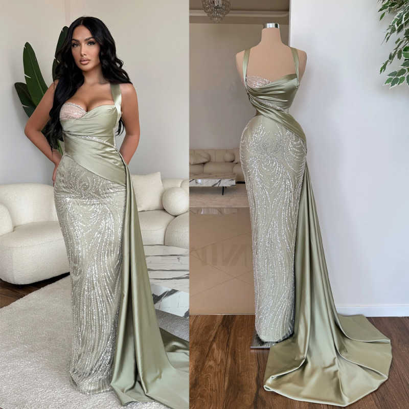 Green Prom Dresses Sleeveless Pleated Beaded Gown Evening Dress Women Party Prom Dresses Customized