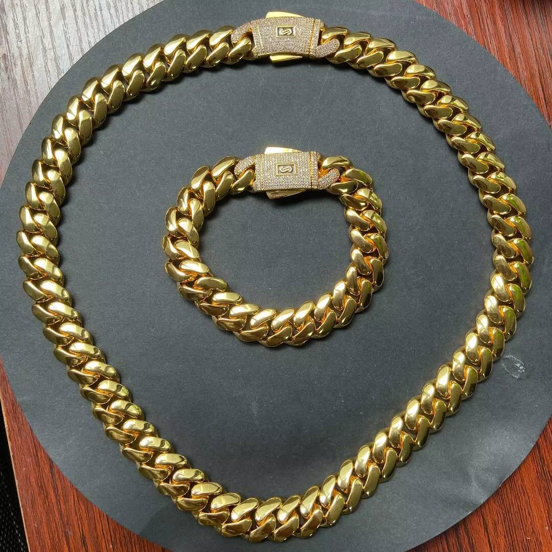 14K18K Gold Plated Cuban Link Chain Monaco Solid Brass Hip Hop Jewelry Iced Diamond Clasp Flat Miami Cuban Link for Men Women
