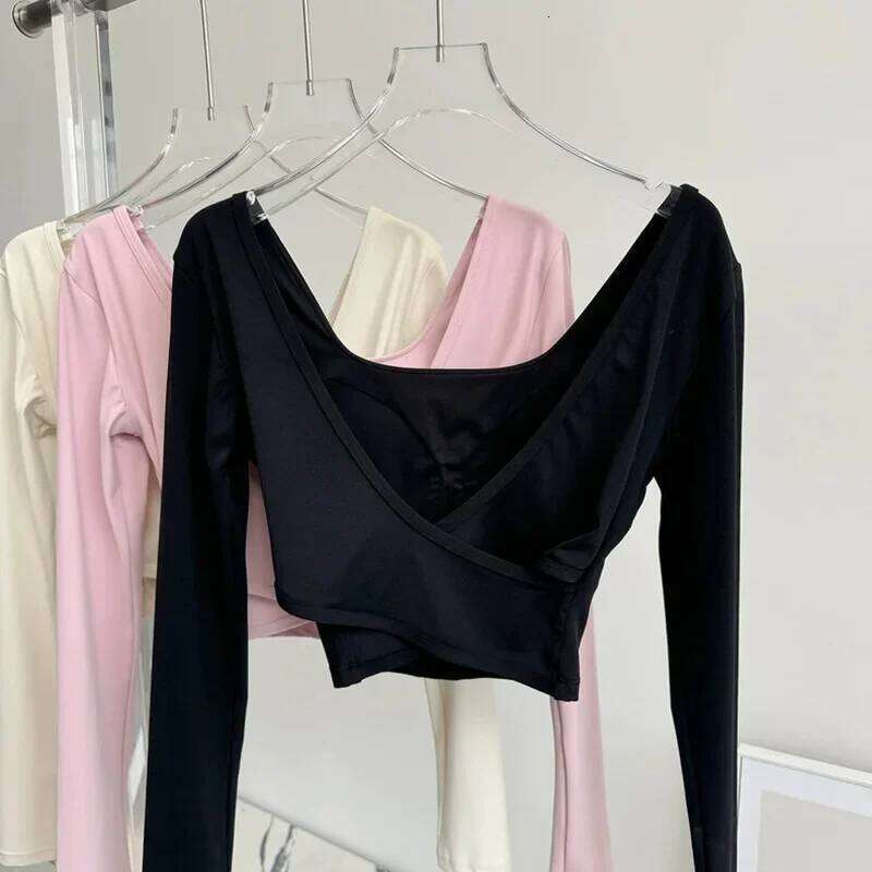 Fixed Chest Pads Crossed Back Yoga Tight Fitting Slimming Sports Long Sleeved Running Pula Fiess Clothes Tops Shirts