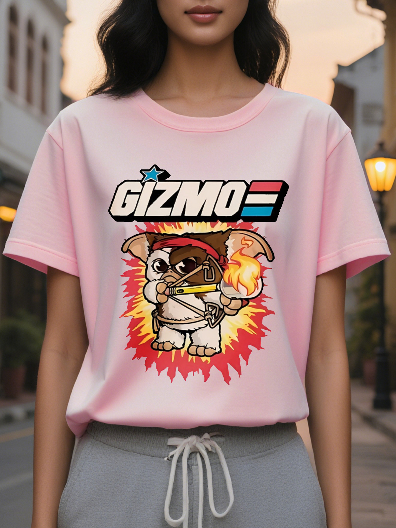 Fashion Glamour Women's GIZMO T-shirt Light Gray Cartoon Dog Print Short Sleeve Round Neck Cotton Spring