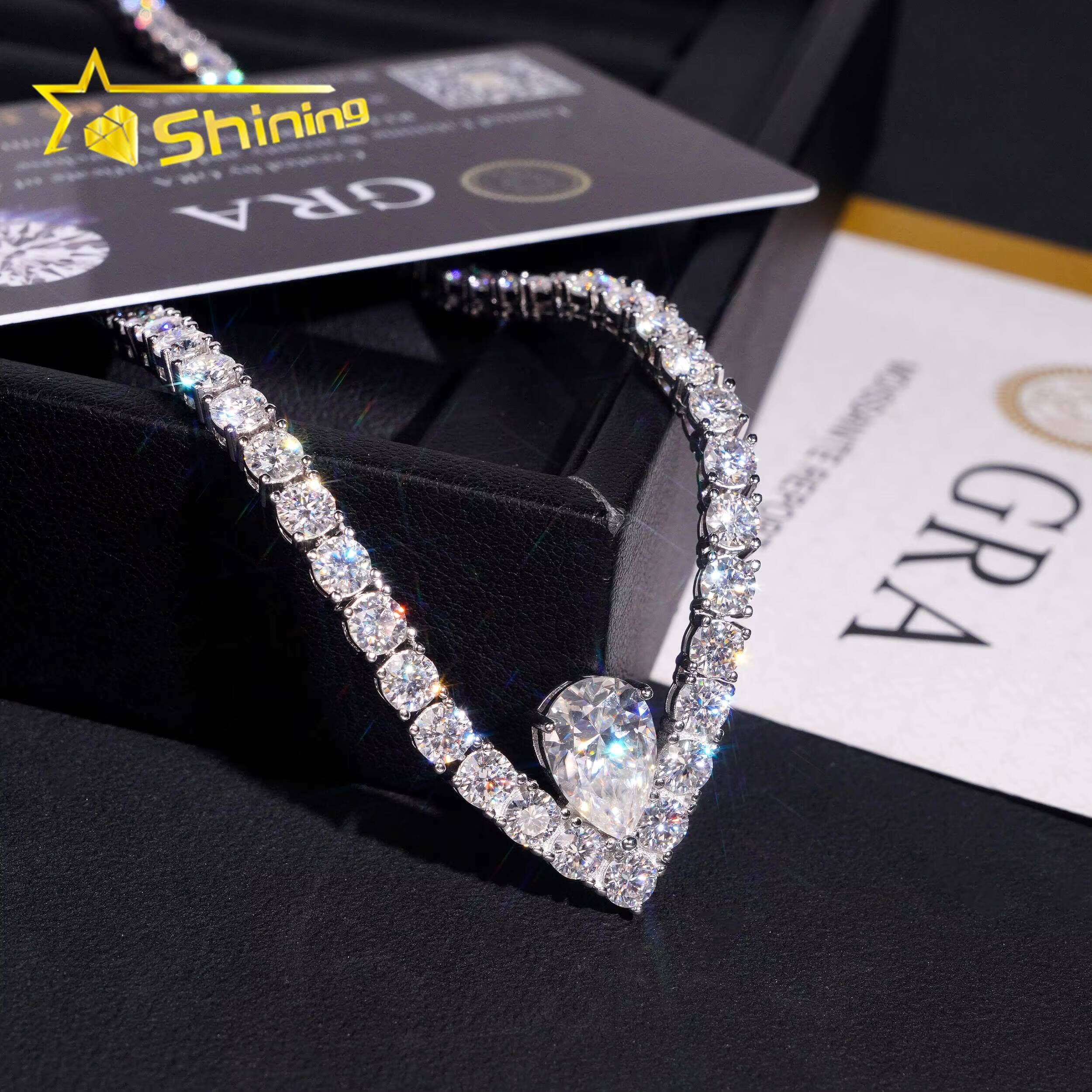 New Arrival Fine Jewelry Necklaces 925 Silver 4mm Moissanite Tennis Chain with Pear Cut Pendant Custom Fashion Chains Necklaces