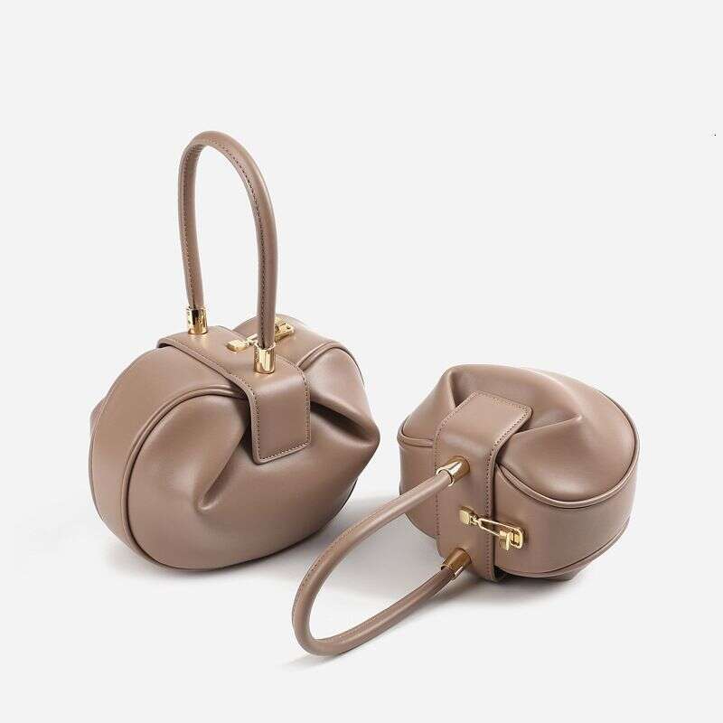 Handbag, High-End Genuine Leather Women's Niche Design, Simple, Fashionable, Retro, Wonton Dumplings, Wontons, Round Bag, Shoulder Bag