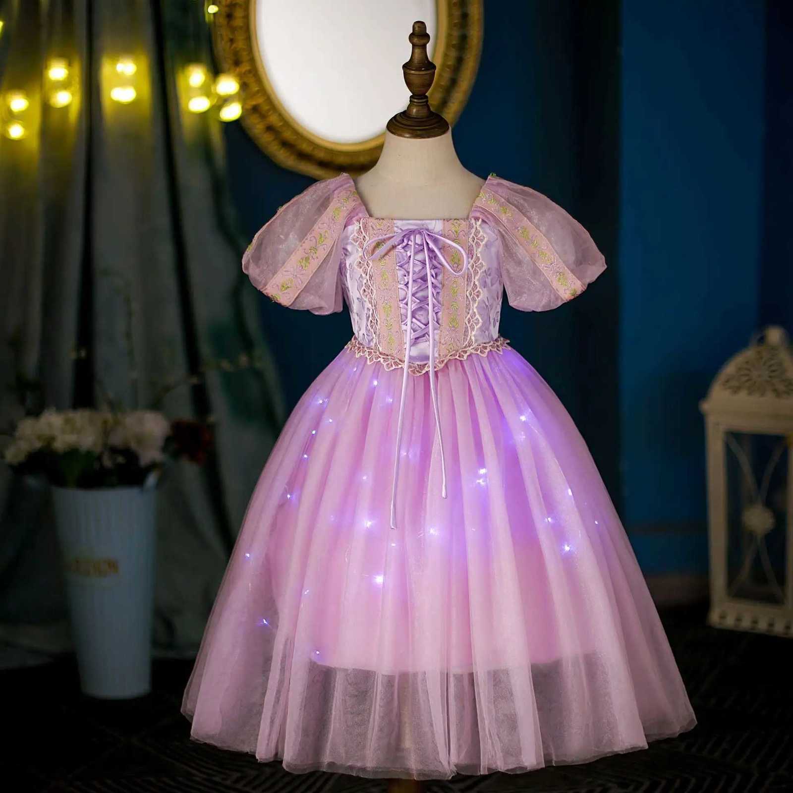 2025 Long Hair Princess Dress Rapunzel Girls Short Sleeve Summer Glowing Mesh Dress Childrens Day Dress Z250904