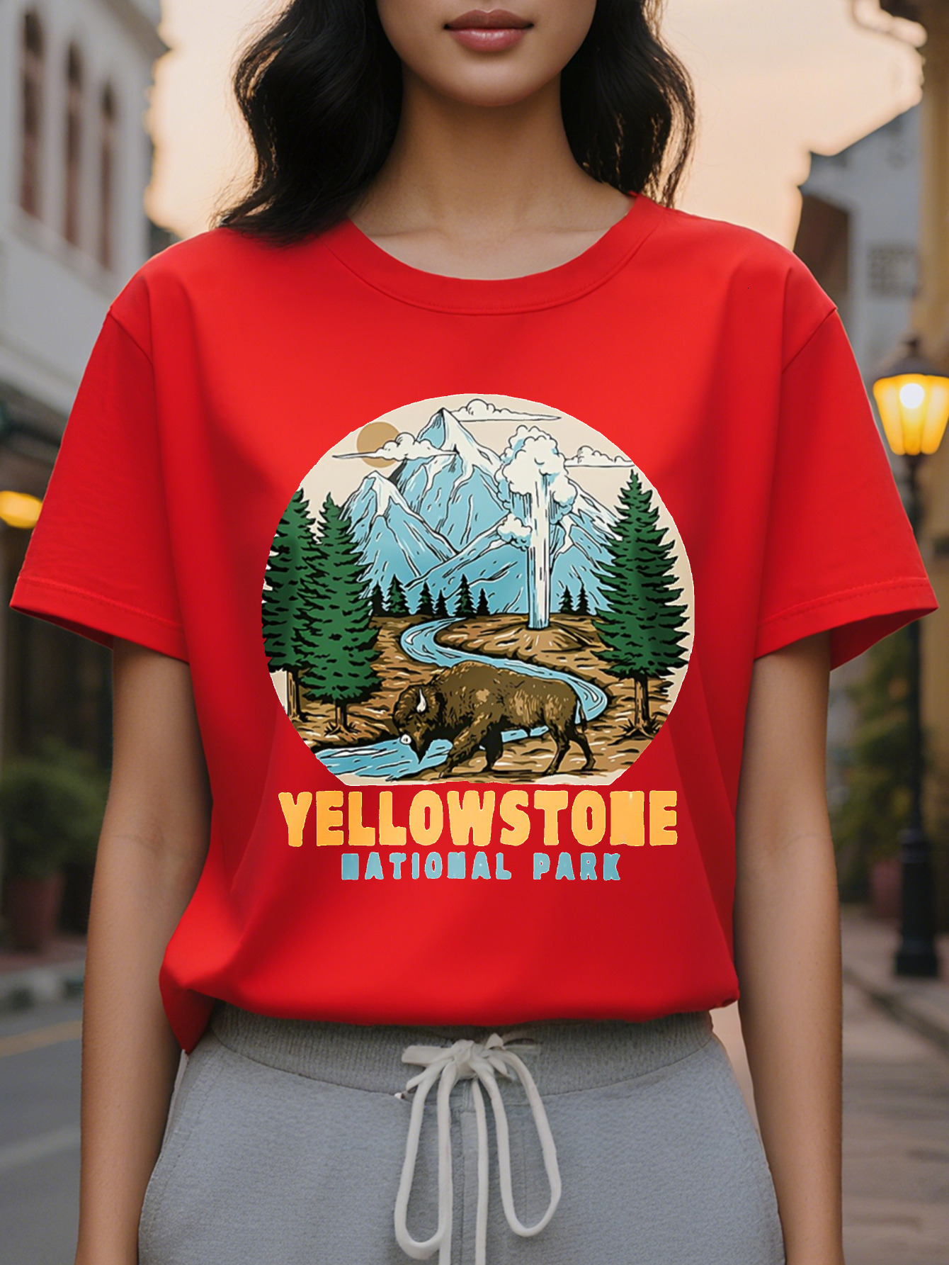 Women's casual sleeve T-shirt printed with national park pattern, cotton, regular length, spring and autumn