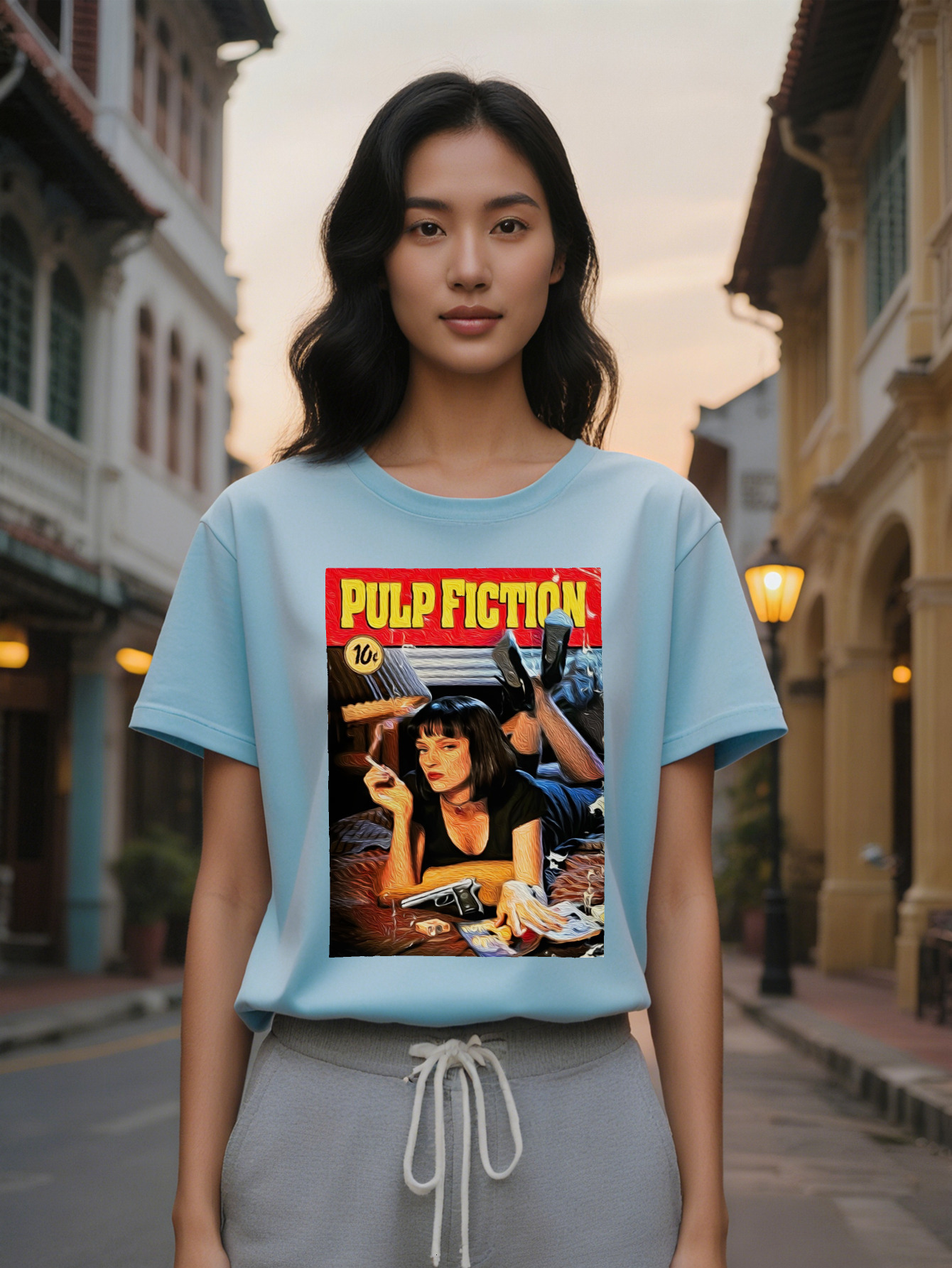 Large XL Graphic T-Shirt Pulp Fiction Art Print with Bold Yellow Text Red Background Black Round Neck Summer Tee Featuring Female Plus Size