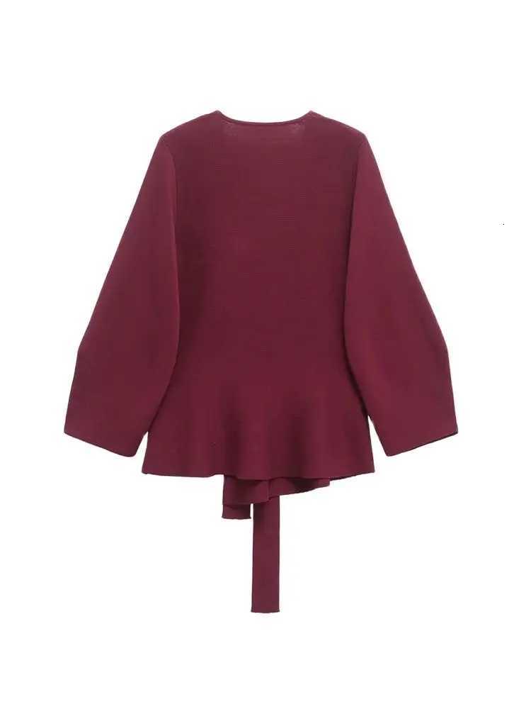 TRZA Womens Belted Knit Cardigan Sweater VNeck Long Sleeve Fashion Outerwear with Shoulder Pads Chic Top for Ladies M250904