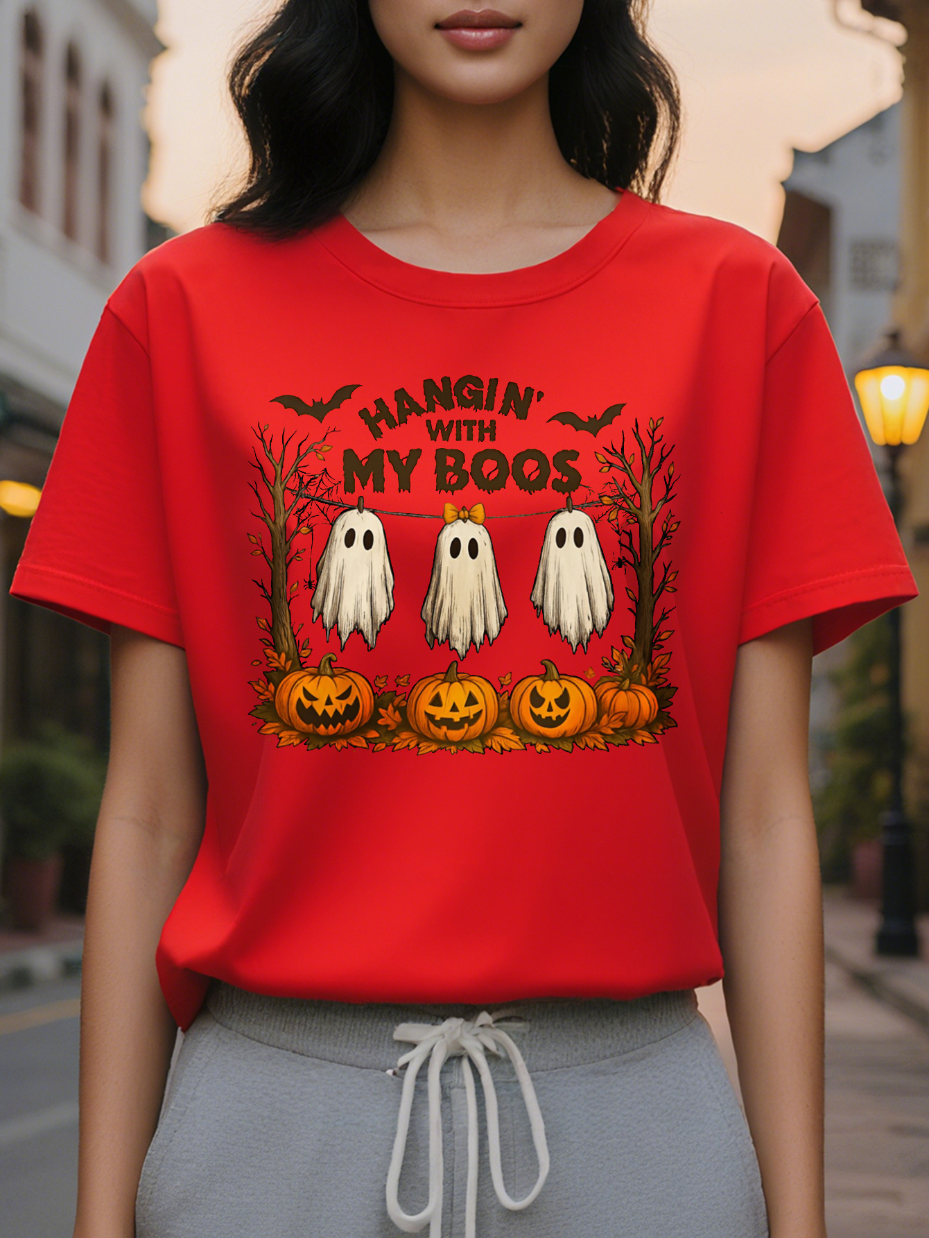 Women s Beige Spooky Ghosts Jack O Lanterns Round Neck Pullover Cozy Fall Parties Casual Attire hine Washable