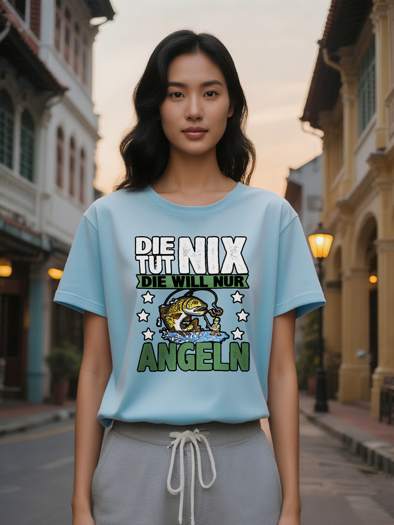 Large XL Women's Casual Versatile Round Neck T-Shirt Fisherman Print with Angelfish Graphic Regular Fit Summer Wear Perfect Gift Plus Size