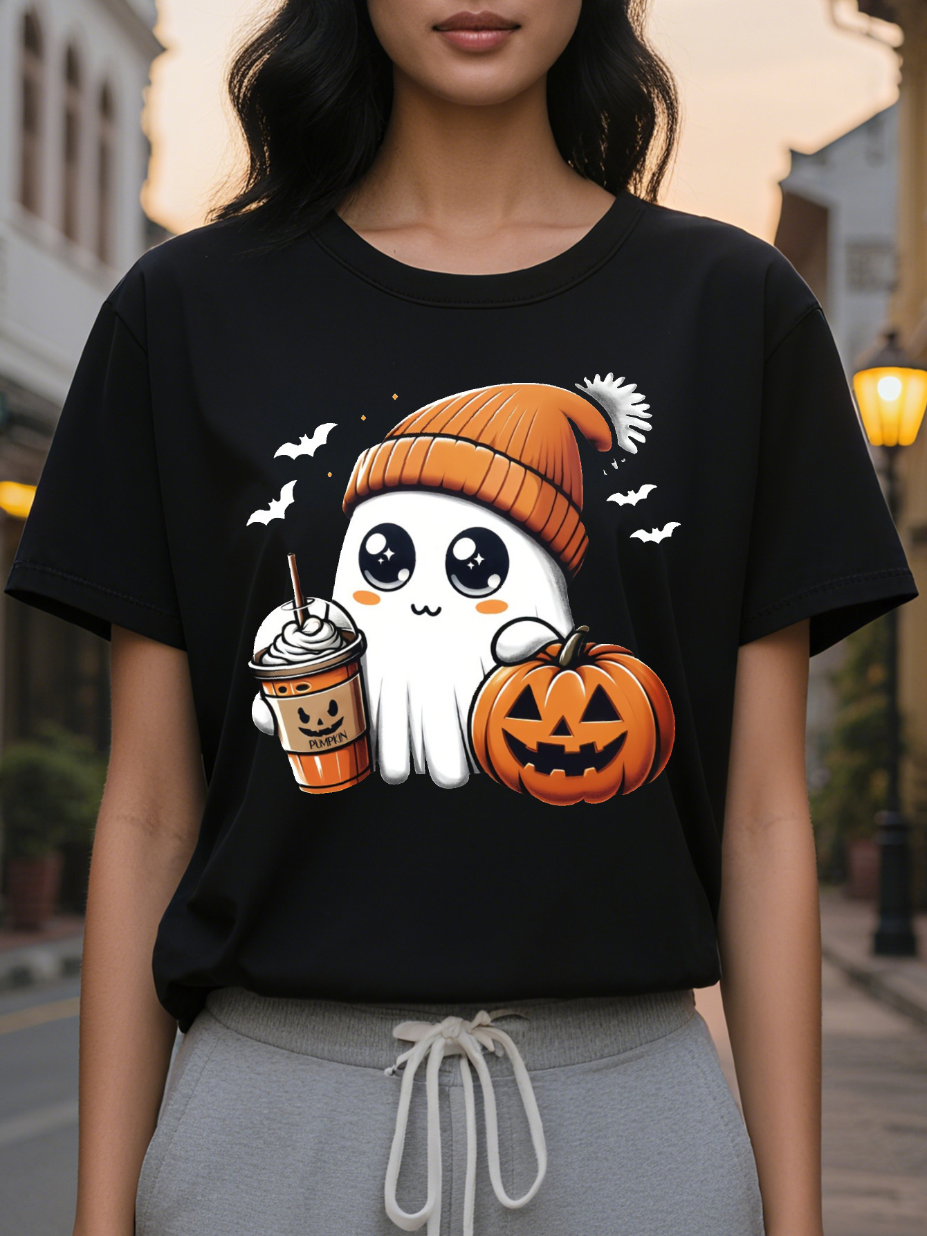 Women S Casual Crew Neck T-Shirt with Pumpkin Ghost Applique Cotton Knit Fabric Regular Fit Fall Season Top