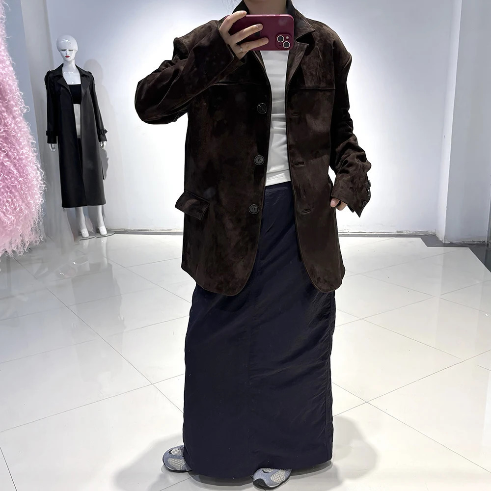 YOLOAgain Womens Oversized Suede Leather Blazer Single Breasted Leather Jacket Female Spring 250815