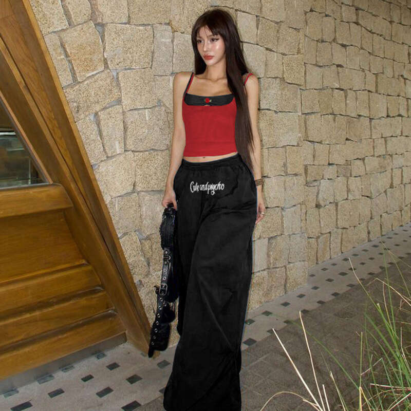 European and American Women's Elastic High Waist Letter Print Loose Casual Street Fashion Simple Versatile Woven Trousers