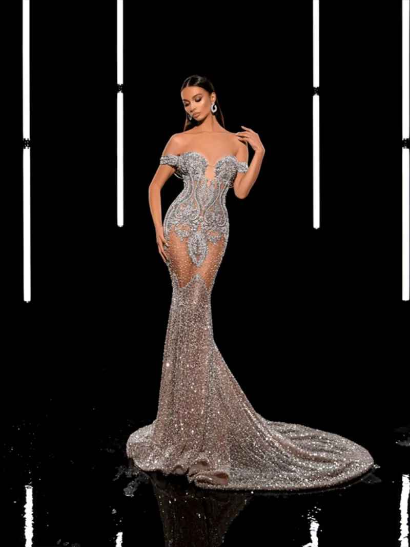 Luxury Beaded Evening Dresses Stunning Crytsal Mermaid Celebrity Party Dress Formal Prom Gown Customized Robes Gala