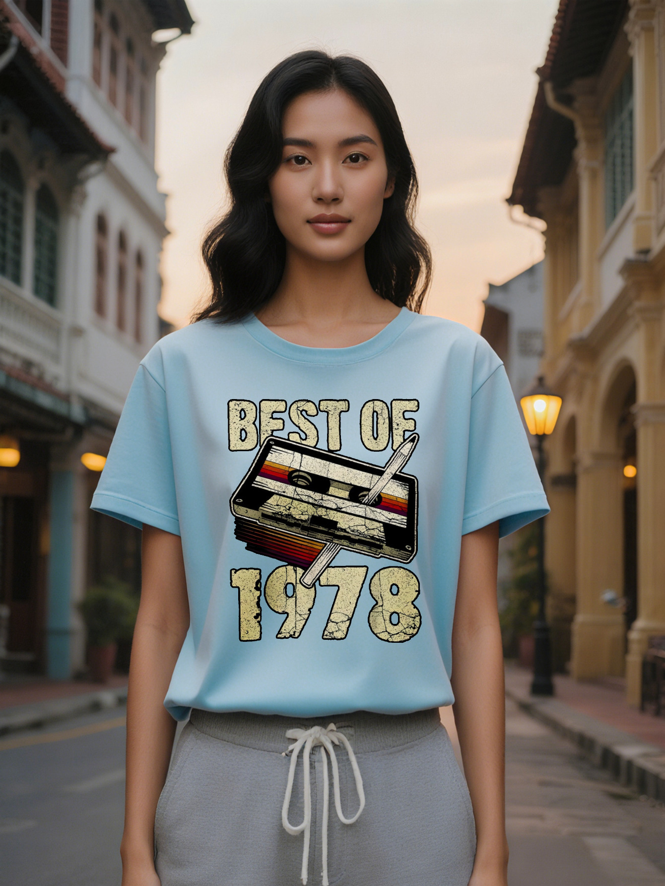 Large XL Lady Retro Cassette Tape Graphic T-Shirt Design with Best of Text Casual Round Neck Tee Lightweight Summer Plus Size