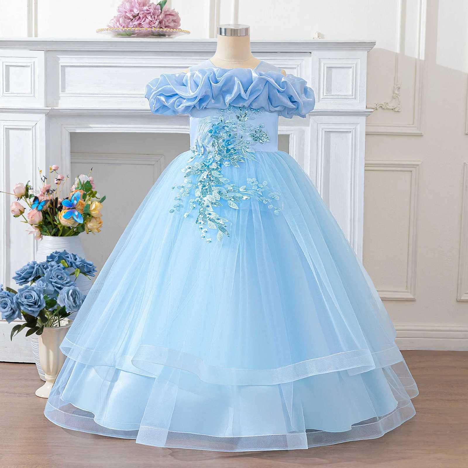 Folding Flower Princess Party Girls Dress Elegant Tulle Bridesmaid Wedding Evening Dress for Girls Birthday Graduation Prom Gown Z250904